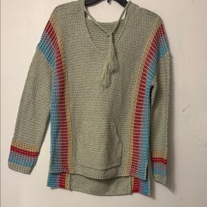 Boho V-Neck Sweater with Red, Blue, and Beige Accents